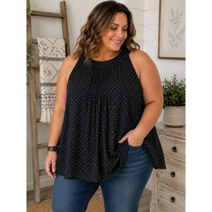 Love Story Black Polka Dot Sleeveless Blouse Womens 3X Fits 2X Flowy Pleated